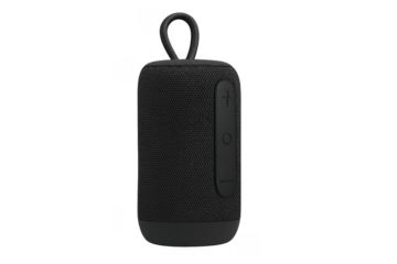 Portable black wireless speaker with control buttons on transparent background