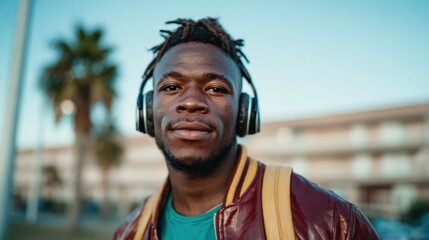 A portrait of a confident young man wearing headphones and a stylish jacket, embodying a carefree spirit as he enjoys music outdoors against a clear blue sky.