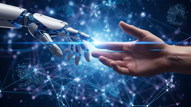 Human Hand and Robotic AI Hand Touching with Digital Connection Network Background Technology Concept - Powered by Adobe