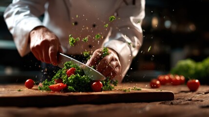 A captivating image of a chef skillfully chopping fresh greens, embodying the artistic process of meal preparation and showcasing the dedication to culinary excellence.