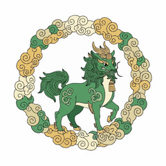 Green Qilin mythical creature in a circular cloud frame.