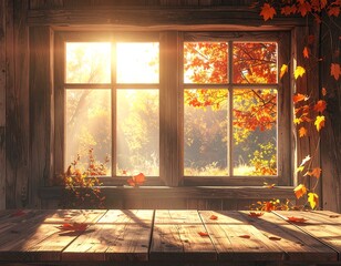 Wooden interior with bright sunlit window and autumnal foliage