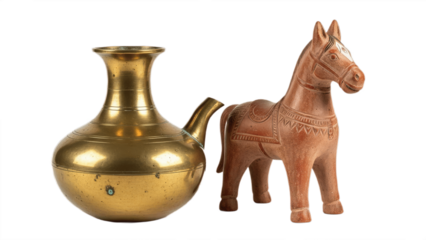 Antique Brass Lota Terracotta Horse Figurine Isolated on a white background