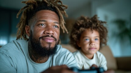 A joyful father and his young child share a moment of happiness while playing video games together, capturing the essence of bonding and playful interaction.