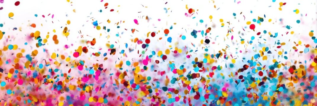 Confetti explosion on white with mixed colors, great for backgrounds in event planning, joyful presentations, or fun digital projects.