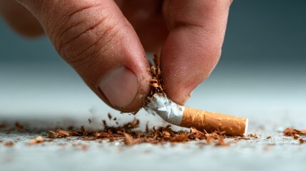 A hand crushing a cigarette emphasizes the act of quitting smoking, reflecting personal determination and the journey towards better health and consciousness.
