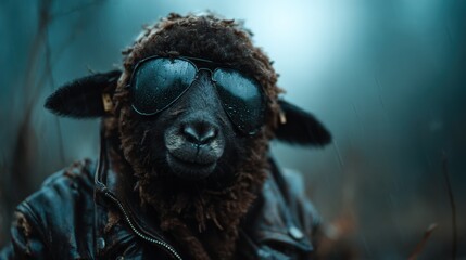 A whimsical image portrays a sheep wearing sunglasses and a leather jacket, blending humor and style in a moody, rainy environment, showcasing unique character.