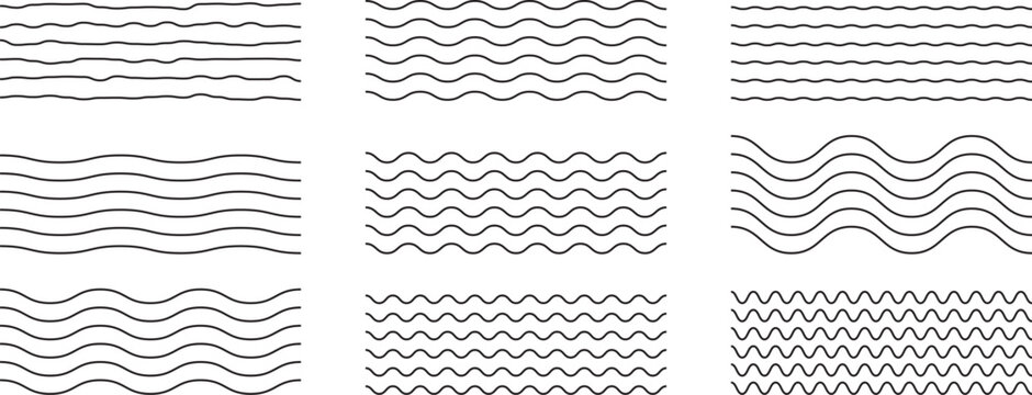 Set of wavy horizontal, curved and zigzag, criss cross, ripples and squiggly strokes lines style. Vector border design element on a white background.