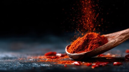 Fototapeta premium A close-up photo showcases bright red chili powder cascading from a wooden spoon, emphasizing the rich color and texture that spices bring to culinary excitement and flavor.