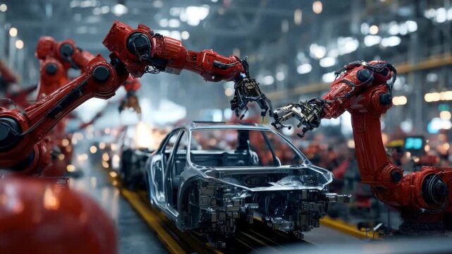 Robotic Precision: Automated robotic arms meticulously assemble a vehicle body on a factory assembly line. Symbolizing efficiency and technological advancement.