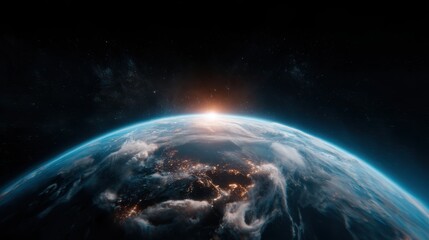 Obraz premium A breathtaking view of Earth from space, capturing the rich colors of the atmosphere and the bright glow of the sun rising over the horizon in a stunning depiction of our planet.