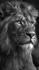 Fototapeta premium Black and white lion portrait with intense eyes, dramatic lighting