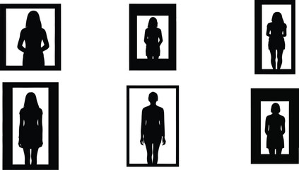 Silhouettes of people in black frames on white