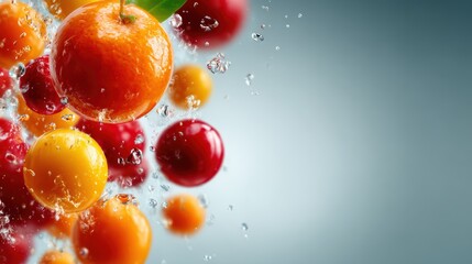 A dynamic arrangement of colorful fruits captured mid-splash, highlighting water droplets and vibrant hues that convey freshness and vitality in a visually appealing manner.