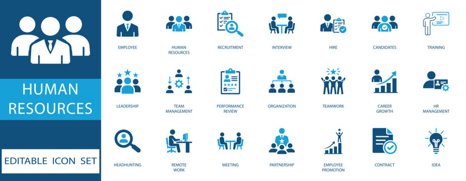 Human resources icon set. featuring recruitment, leadership, teamwork, and employee management elements in blue flat style for corporate business and workforce development.