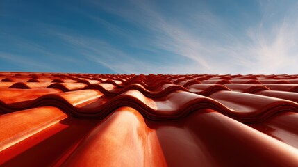 Naklejka premium An artistic view of an orange tiled roof, curving gracefully under a blue sky, showcasing the intricate patterns and the interplay between architecture and nature in a creative perspective.