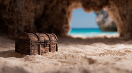 A weathered treasure chest sits on a sandy beach, inviting curiosity and adventure, framed by a beautiful coastal view that evokes a sense of wonder and exploration.