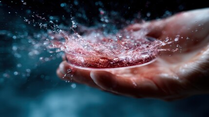 A hand creates a splash of liquid from a petri dish, showcasing the beauty of science and experimentation through dynamic motion and vivid colors in a dramatic setting.