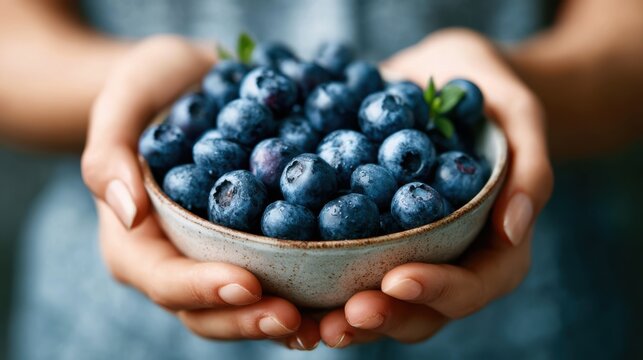 A close-up image of hands holding a bowl of fresh, vibrant blueberries, symbolizing health, nature's bounty, and the joy of fresh fruits in a relaxed setting. - Powered by Adobe