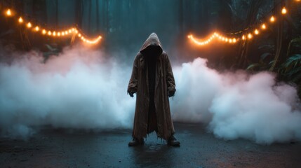 A shadowy figure in a tattered cloak stands amidst fog and glowing lights in a dense forest, creating an eerie atmosphere of mystery and suspense.