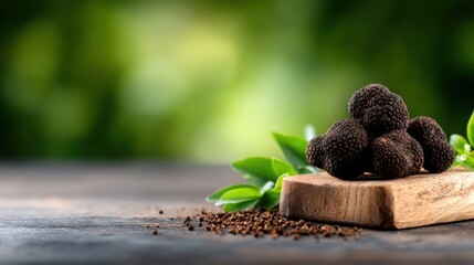 This image showcases a delightful arrangement of black truffles on a rustic wooden board, emphasizing their unique texture and luxurious appeal for gourmet cuisine.
