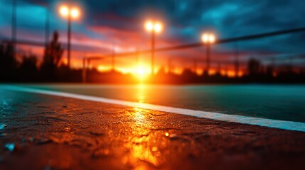 A captivating sunset view over a tennis court, highlighting the vibrant colors of the sky and reflecting golden hues on the wet surface, perfect for sports enthusiasts.