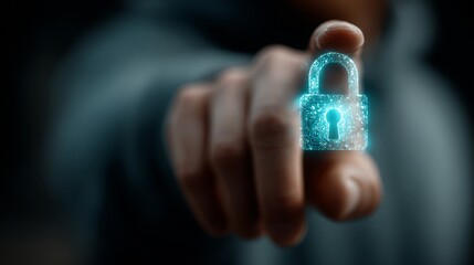 Protecting sensitive data with a glowing digital padlock, symbolizing cybersecurity and digital safety in a modern tech landscape