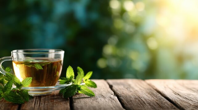 A soothing cup of herbal tea garnished with fresh mint leaves sits on a rustic wooden table, evoking a sense of relaxation and inviting one to enjoy the moment. - Powered by Adobe