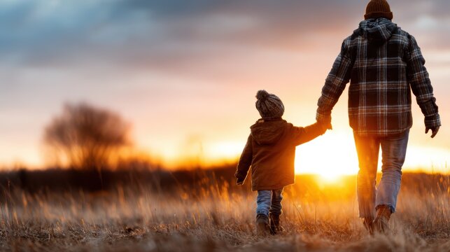 A touching silhouette of a father holding hands with his child while walking through a field at sunset, illustrating love, connection, and precious moments in life.