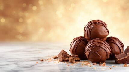 A mouthwatering display of rich chocolate truffles piled elegantly on a marble surface, evoking a sense of indulgence and luxury perfect for dessert lovers and confectionery enthusiasts.