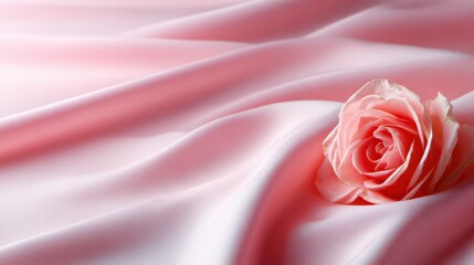 A delicate pink rose rests gracefully on soft, flowing satin fabric, creating a stunning contrast and evoking feelings of elegance, beauty, and romance.