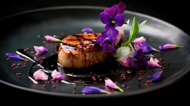 Artistic food image of foie gras dish, great for social media content, foodie campaigns, or elegant gastronomic projects.