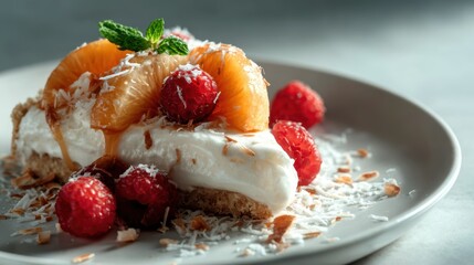 This beautifully plated dessert features creamy tropical flavors topped with fresh fruit and a sprinkle of coconut, perfect for summer celebrations or any sweet tooth craving.