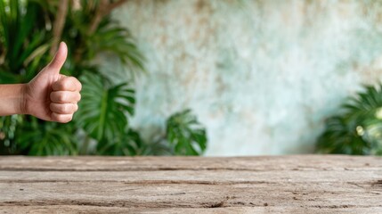 A close-up of a hand giving a thumbs up gesture on a rustic wooden table, symbolizing approval, positivity, and success in a warm and inviting setting that sparks connection.