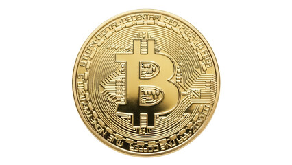 Golden bitcoin coin isolated PNG on transparent background, cryptocurrency digital money for investment and finance, decentralized peer to peer network