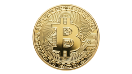 Golden bitcoin coin isolated PNG on transparent background, cryptocurrency digital money for investment and finance, decentralized peer to peer network