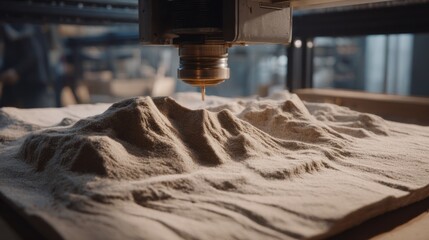 Medium shot focusing on the intricate formation of complex sand shapes emphasizing the precision of automated 3D printing technology.