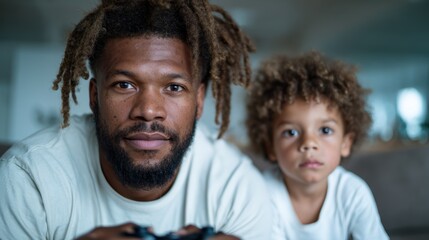 Capturing a heartwarming moment, this image portrays a father and son engrossed in gaming, highlighting the bond between them and the joy of shared experiences.