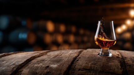 A beautifully captured moment of whiskey splashing in a glass, set against a blurred backdrop of barrels, highlighting the rich colors and textures of the drink.