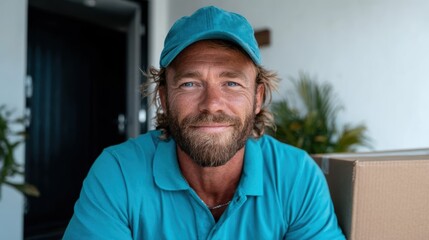 A cheerful man wearing a turquoise shirt and cap poses warmly for the camera, radiating positivity and friendliness in a bright, inviting setting.