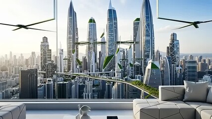 Futuristic Cityscape View from a Modern Luxury High Rise Apartment.