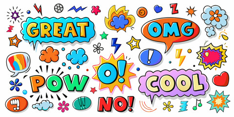 Colorful comic speech bubbles and exclamation marks with vibrant designs