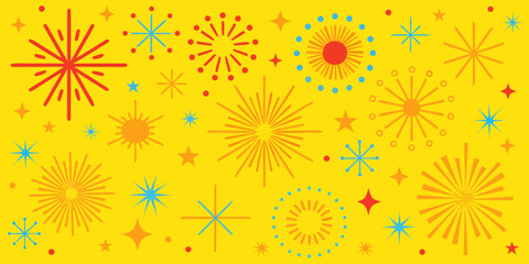 A vibrant and colorful pattern of stylized fireworks on a yellow background