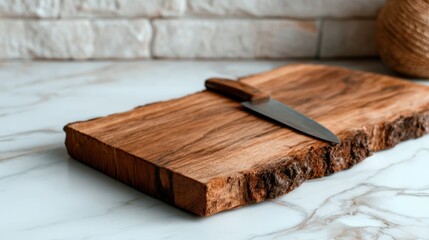 An artistic shot of a chef's knife resting on a rustic wooden cutting board, highlighting the beauty of culinary tools and the artistry involved in cooking and food preparation.
