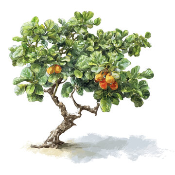 Cashew Tree watercolor vector illustration, high-quality artwork isolated on a pure white background.