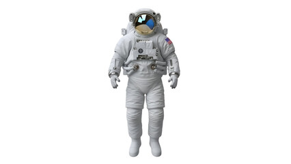 Astronaut in spacesuit isolated PNG, full body view of cosmonaut with American flag patch for space exploration and science concepts © Luca