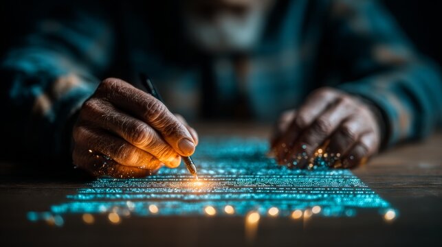 Elderly hands meticulously write glowing digital script with a fountain pen, illuminating knowledge and legacy.