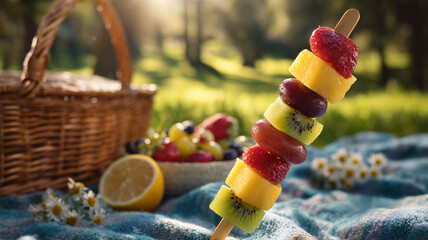 初夏の野原で手に取るフルーツ串