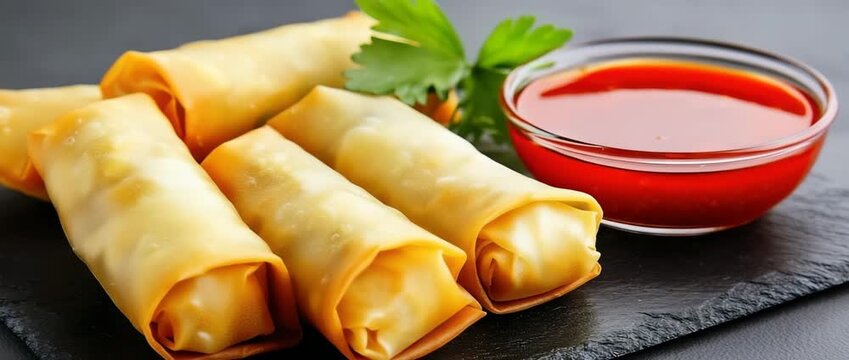 Delicious Crispy Fried Spring Rolls with Sweet Chili Sauce Asian Cuisine
