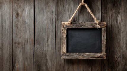 A rustic chalkboard with a dark weathered wood frame hangs against a wooden wall with horizontal planks,